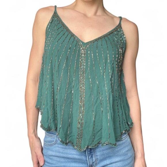 Free People Emerald Green Women’s Beaded V-neck Tank Top Size S Boho Glam - Picture 1 of 6